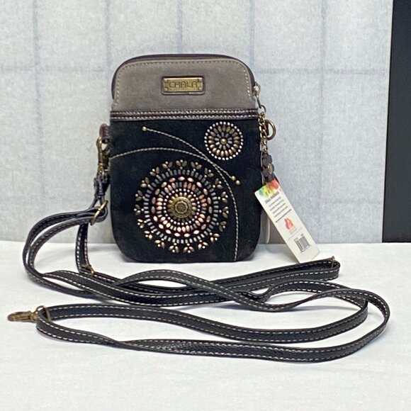 Convertible 2 Strap Stud Decorated Mandala Vegan Suede Small Bag Pouch NWT Chala - Picture 3 of 10